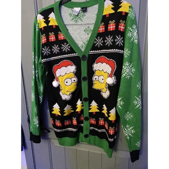 Bart Simpson Santa Ugly Christmas Sweater Men's Medium M Cardigan Green Red - Picture 2 of 10